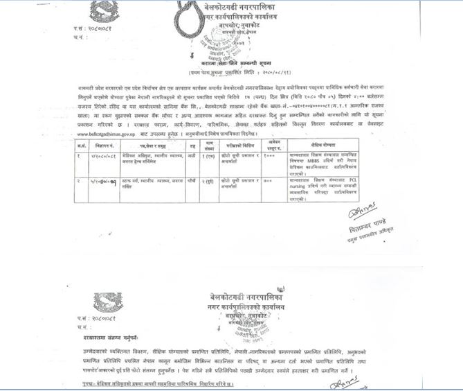 करार सेवामा लिने सम्बन्धी (मेडिकल अधिकृत र स्टाफ नर्स) बेलकोटगढी नगरपालिकाको सुचना