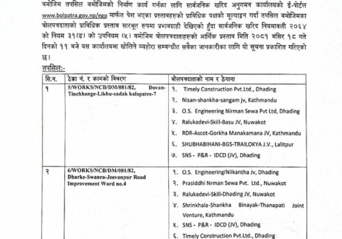 आर्थिक प्रस्ताव खोल्ने सम्वन्धी धुनिवेशी नगरपालिकाको सूचना